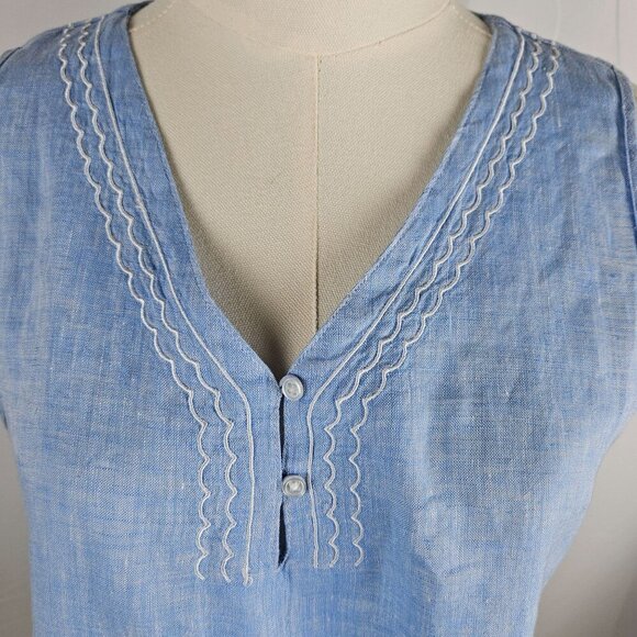 Hiho Blue Linen Sleeveless Tunic Top Small Scalloped V-Neck Coastal Resort - Picture 2 of 8
